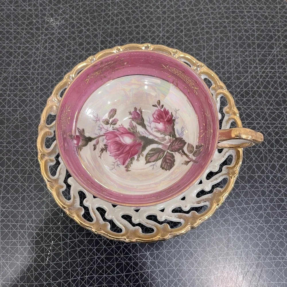 Vtg Nasco Japan Tea Cup Saucer Pink Roses Flowers Floral Golden Reticulated